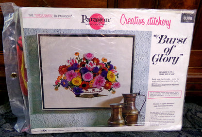 BURST of GLORY Crewel Vintage Paragon Needlecraft Embroidery Kit #0308, Boho Wildflower Floral Basket Stitchery