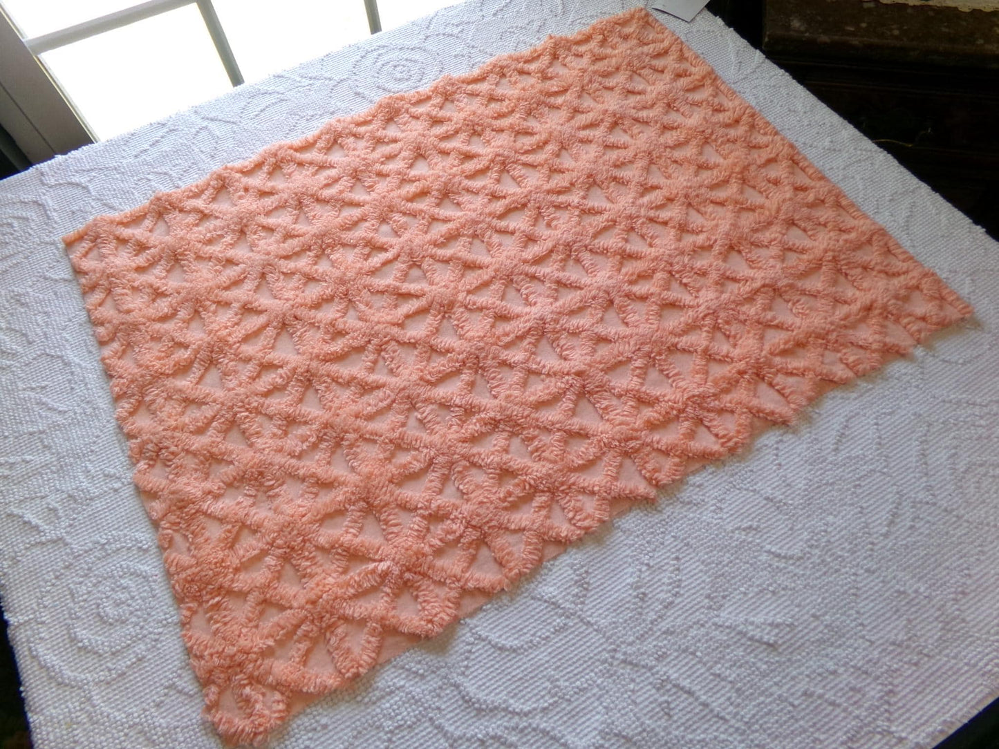 twinkle star vintage chenille fabric, plush peach starbursts, 18" x 24" cut piece of craft, sewing, pillow, quilt material