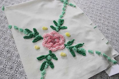 simple floral vintage chenille fabric, 32" x 23" cut piece, jadeite & white pops with pink rose flower, lightweight cotton