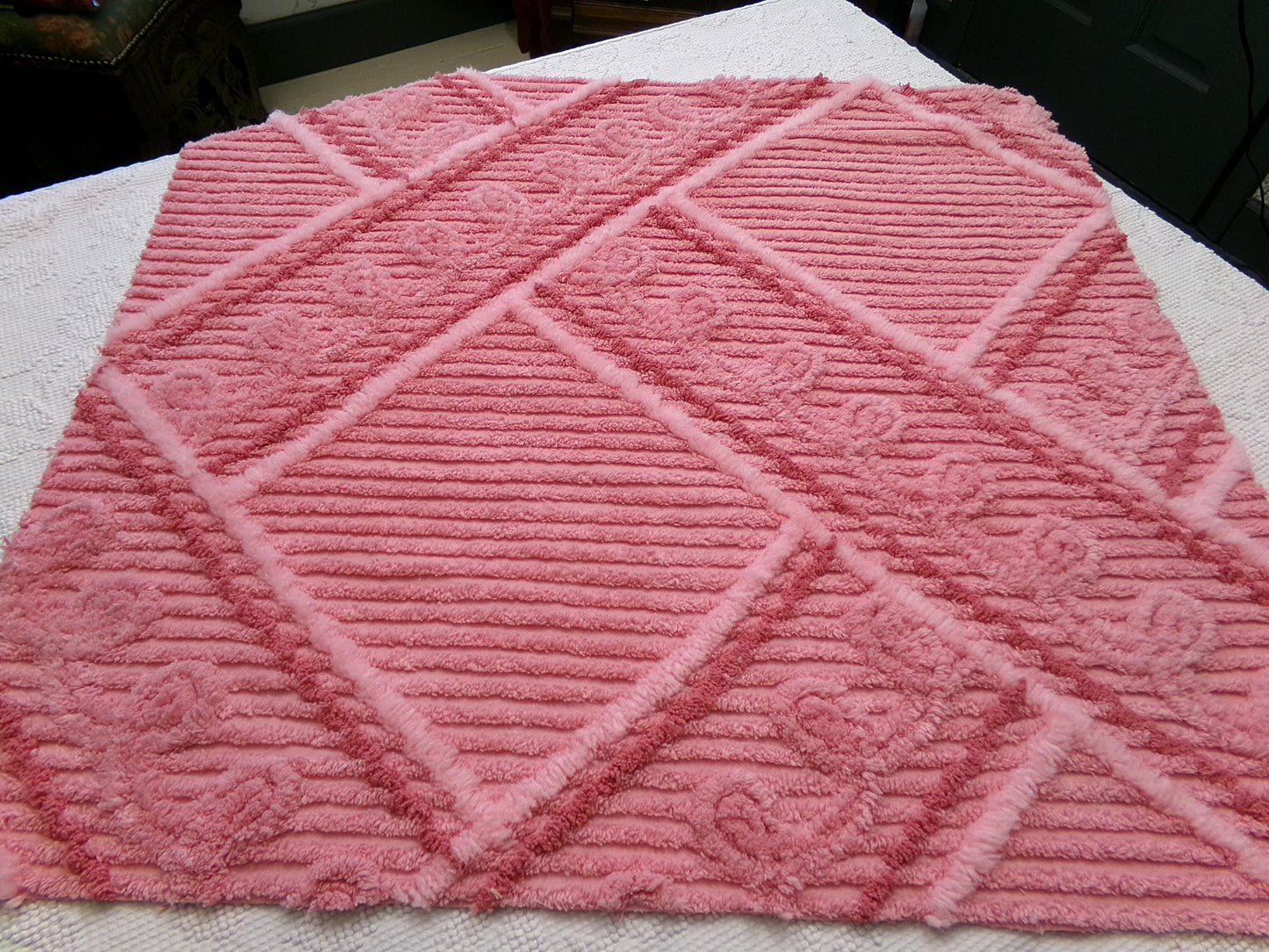crossroads pink vintage chenille fabric in optic bold intersecting geometric design, 25" x 28" piece