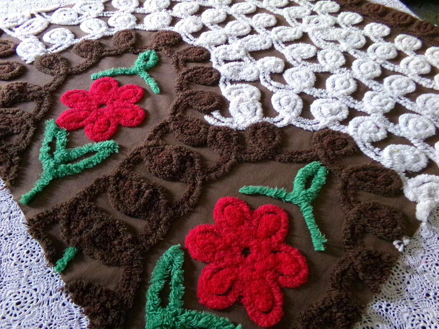 Yummy Chocolate Cherry Cake Vintage Chenille Fabric, Plush 25" x 26" Inch Piece, Great for Boho Pillows, Quilts, Fiber Arts