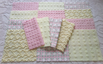 cheerful spring chenille fabric squares, set of 16 vintage pink & yellow quilt blocks 6" ea, rosebud, squiggles for crafts, quilting