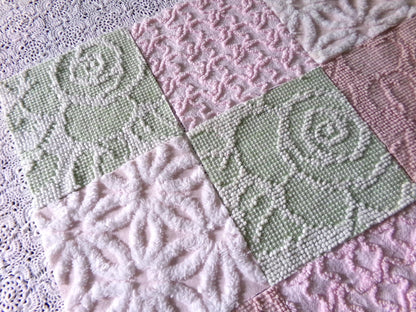 Garden Walk Chenille Quilt Squares Set from Vintage Bedspread Fabric, 16 Blocks, 6" inch in Sage Green, Pink, Rose Mist & Whispers of White