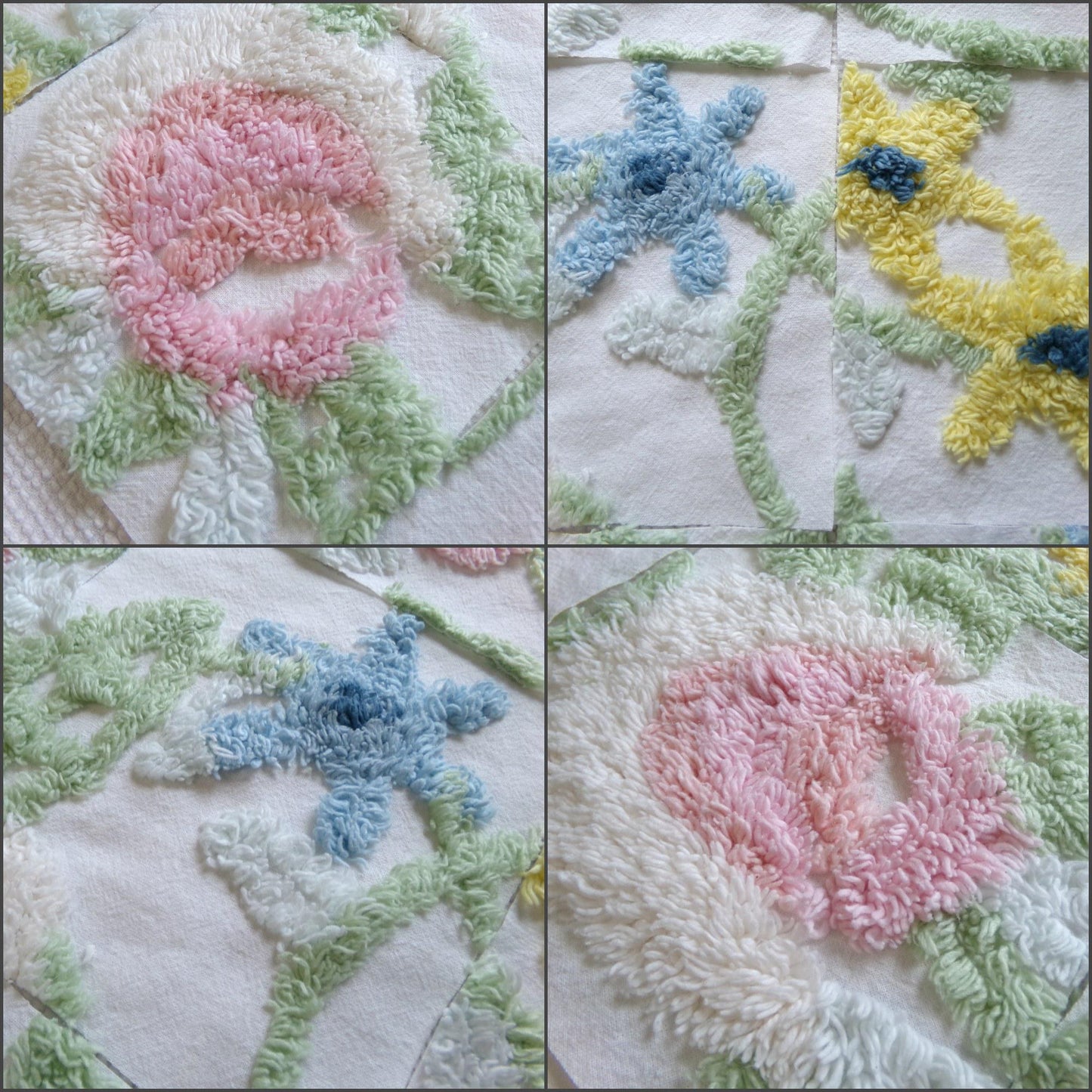 vintage chenille fabric squares, "bursting with flowers" set of 16 floral 6" quilt blocks for quilting, crafts, sewing