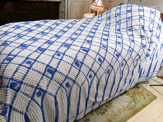 nautical vibes vintage chenille bedspread, blue dots on white cotton with cathedral stripes, full size coastal cottage bedding