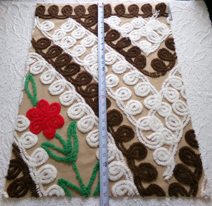 vintage chenille fabric, chocolate cake with a cherry on top, 20" x 26" piece of cotton sewing material in red flower, mocha, brown & white
