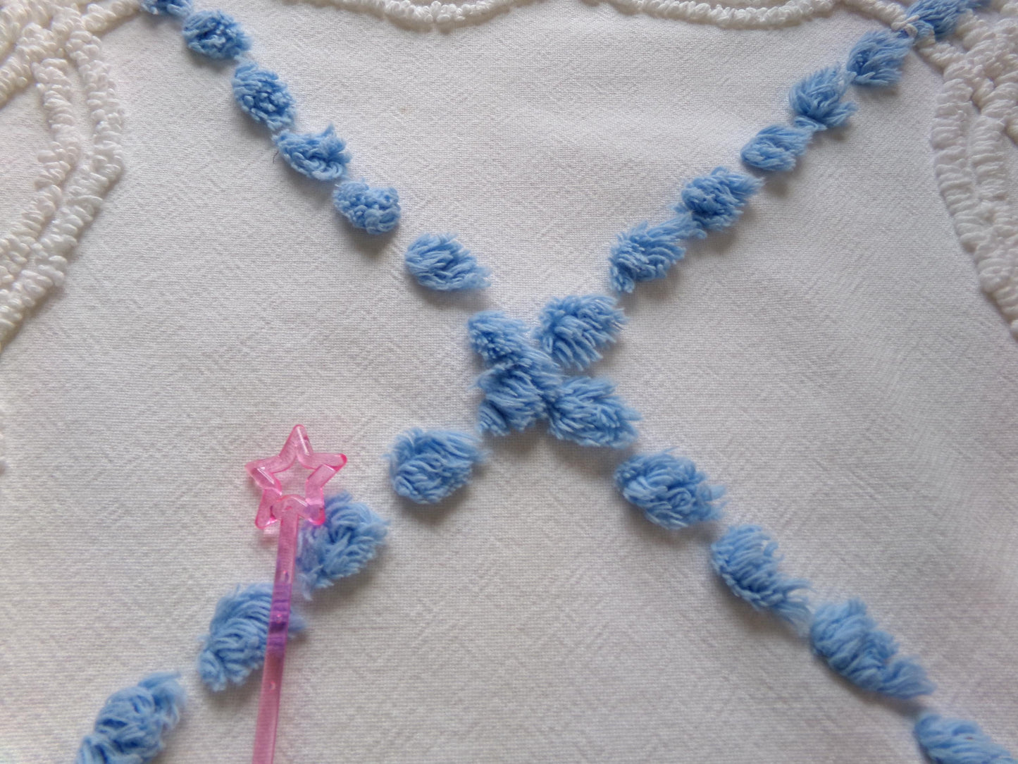 classic shabby style vintage chenille fabric, needletuft florals, blue pops, white cotton material, 22" x 24" piece for sewing, quilting