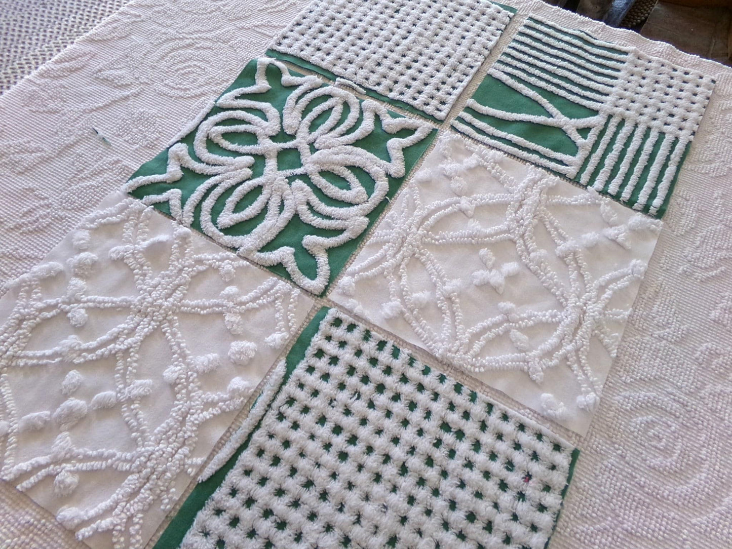 green & white chenille fabric squares, set of 6 large 9.5" square craft and quilt blocks, cut from vintage chenille bedspreads