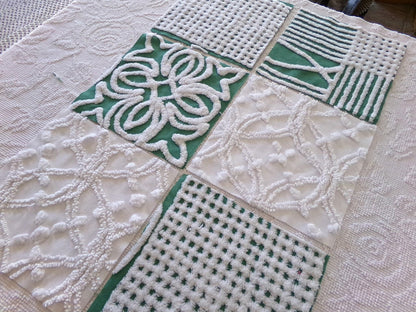 green & white chenille fabric squares, set of 6 large 9.5" square craft and quilt blocks, cut from vintage chenille bedspreads