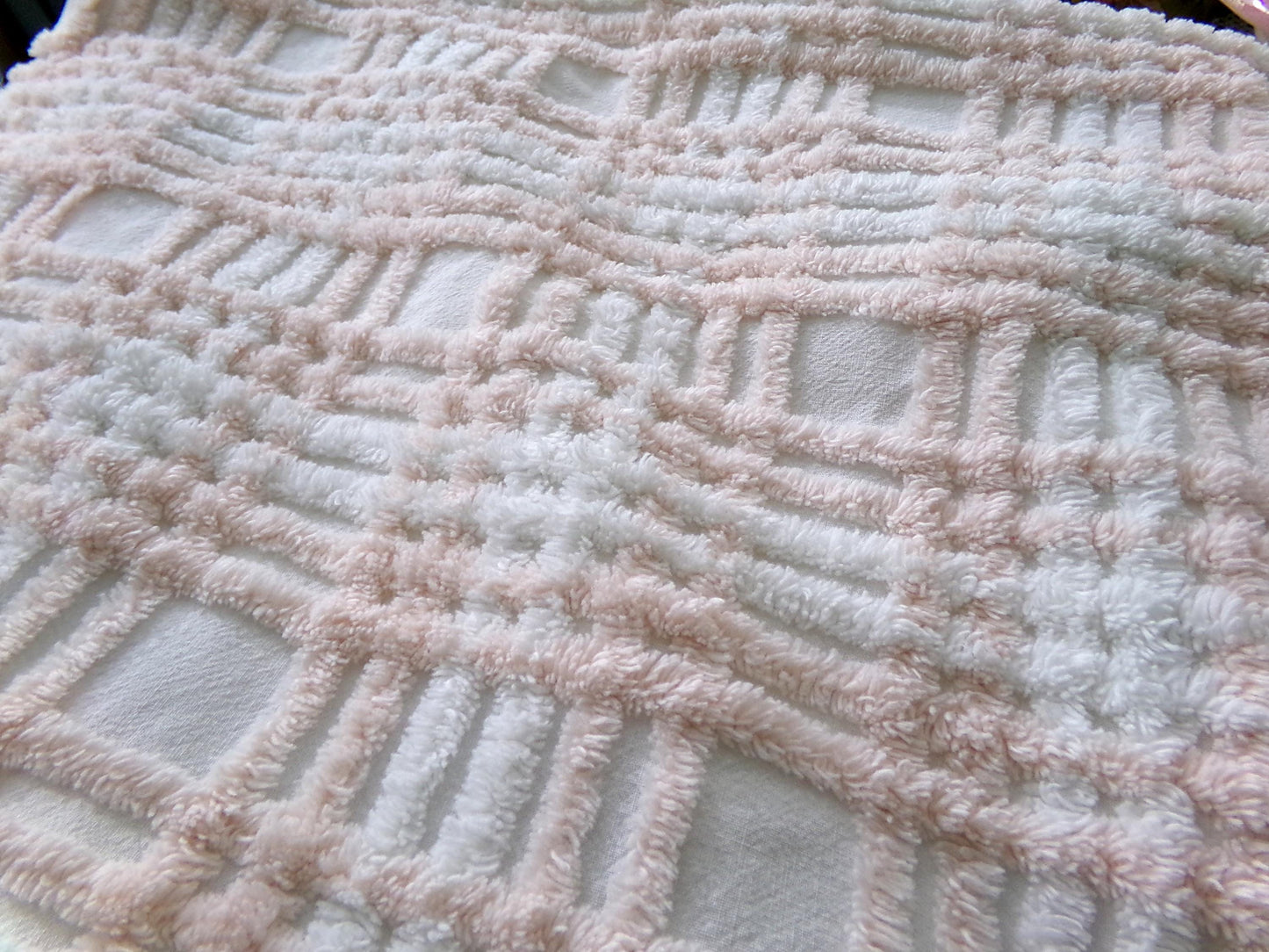 snuggly vintage chenille fabric, summery cottage plaid pattern, 18" x 24" cut piece