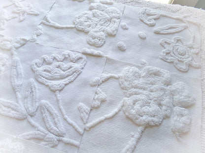 Vintage Chenille Fabric Squares in Rose Lily White Florals from Vintage Bedspread Fabric, Set of 16 Quilt Blocks, 6" x 6" inch