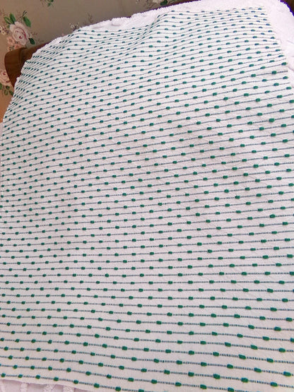 preppy kelly green textured fabric piece, vintage chenille raindrop dots on white woven cotton, great in quilts, xmas stockings, 20" x 25"