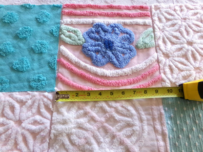 chenille fabric squares, set of 6 large 9.5" square quilt blocks from vintage chenille bedspreads, pretty daisy, plush floral, dots