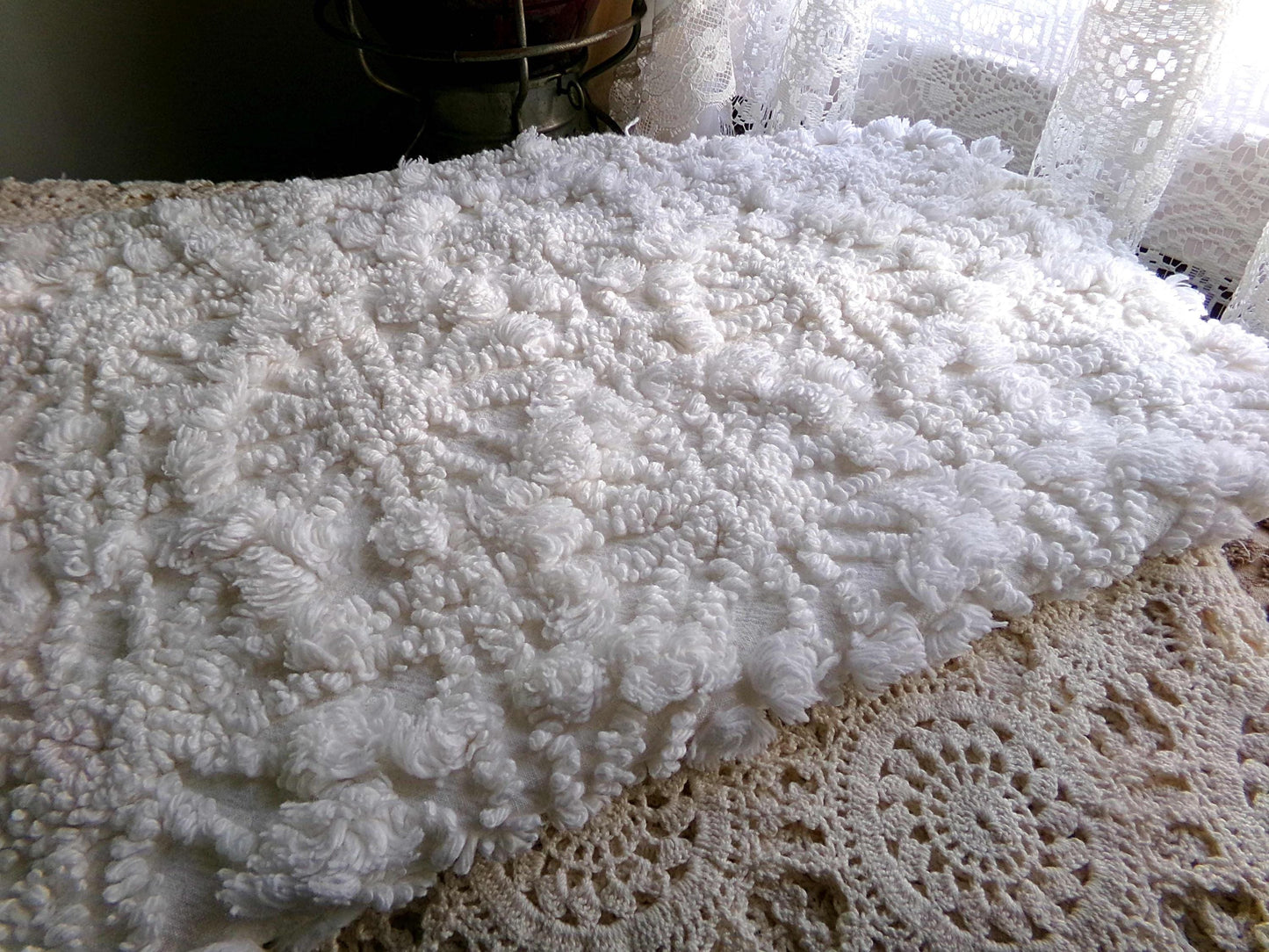 Snowflake Spokes Chenille Fabric Material, 19" x 20" inch Vintage Piece Loaded With Intricate Tufting