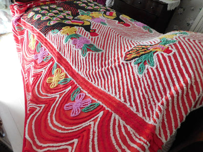 Vivid Red Peacock Vintage Chenille Bedspread, Rainbow Lovebirds with Gothic Black Feathers, 100% Cotton Full Size Bedding