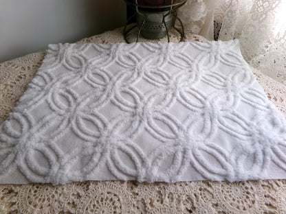 versatile white vintage chenille fabric, classic wedding ring design, 15.5" x 23" inch piece of sewing material for quilts, crafts