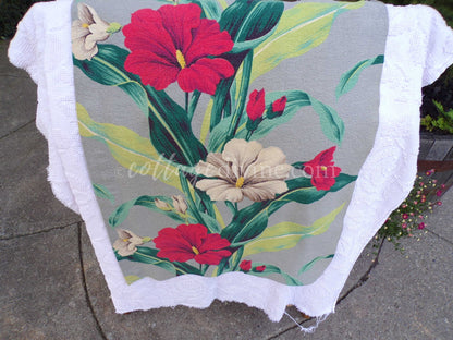 Tropical Vintage Barkcloth Fabric Piece, Salvaged MCM Botanical Hibiscus Print, 19" x 25" inches, #3