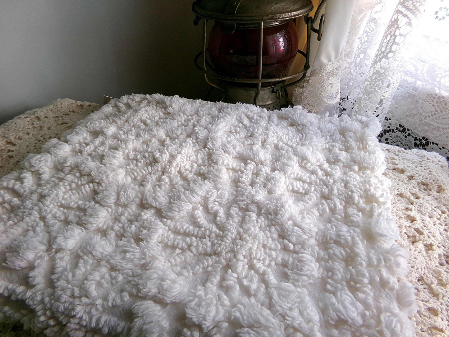 Snowflake Spokes Chenille Fabric Material, 19" x 20" inch Vintage Piece Loaded With Intricate Tufting