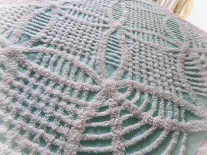 popular coastal aqua & white vintage chenille fabric, geometric chenille tufts, 20"x 25" inch piece of quilt sewing material