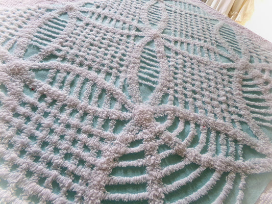 popular coastal aqua & white vintage chenille fabric, geometric chenille tufts, 20"x 25" inch piece of quilt sewing material