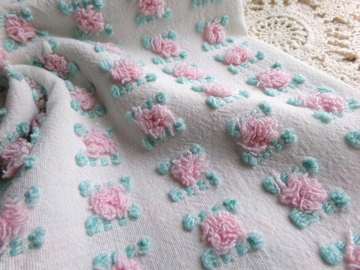 favorite pink rosebud vintage chenille fabric, cottage style sewing & quilt material, 18" x 24" inch piece