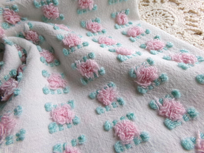 favorite pink rosebud vintage chenille fabric, cottage style sewing & quilt material, 18" x 24" inch piece