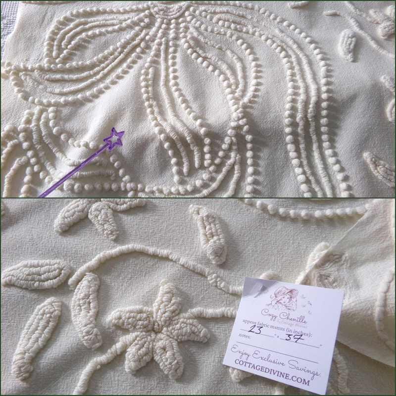 Exquisite Heirloom Vintage Chenille Fabric Piece, Large Bow & Lily Flowers in Antique Cream, 23" x 37" inch piece, lovely for a wall hanging