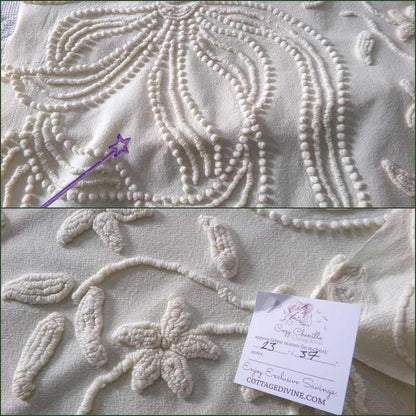 Exquisite Heirloom Vintage Chenille Fabric Piece, Large Bow & Lily Flowers in Antique Cream, 23" x 37" inch piece, lovely for a wall hanging