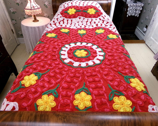 flower power vintage red hot chenille bedspread w/ hearts & daisies, full size plush cotton bedding
