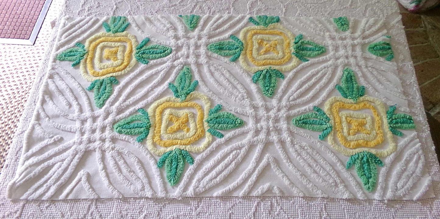 Shabby Chic Chenille Fabric, Yellow Cabbage Roses on White Cotton, 30" x 17" inch Piece, Pretty in Pillows & Quilts