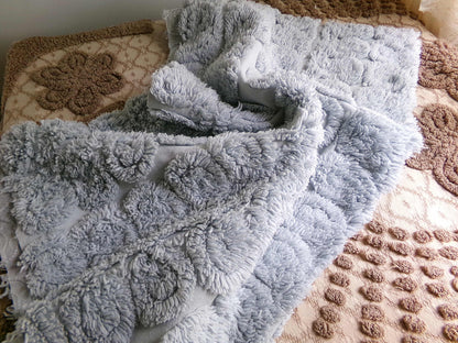 plush looping curlicues vintage chenille fabric, 21" x 24" cut piece in dreamy dusty blue, soft & so pretty