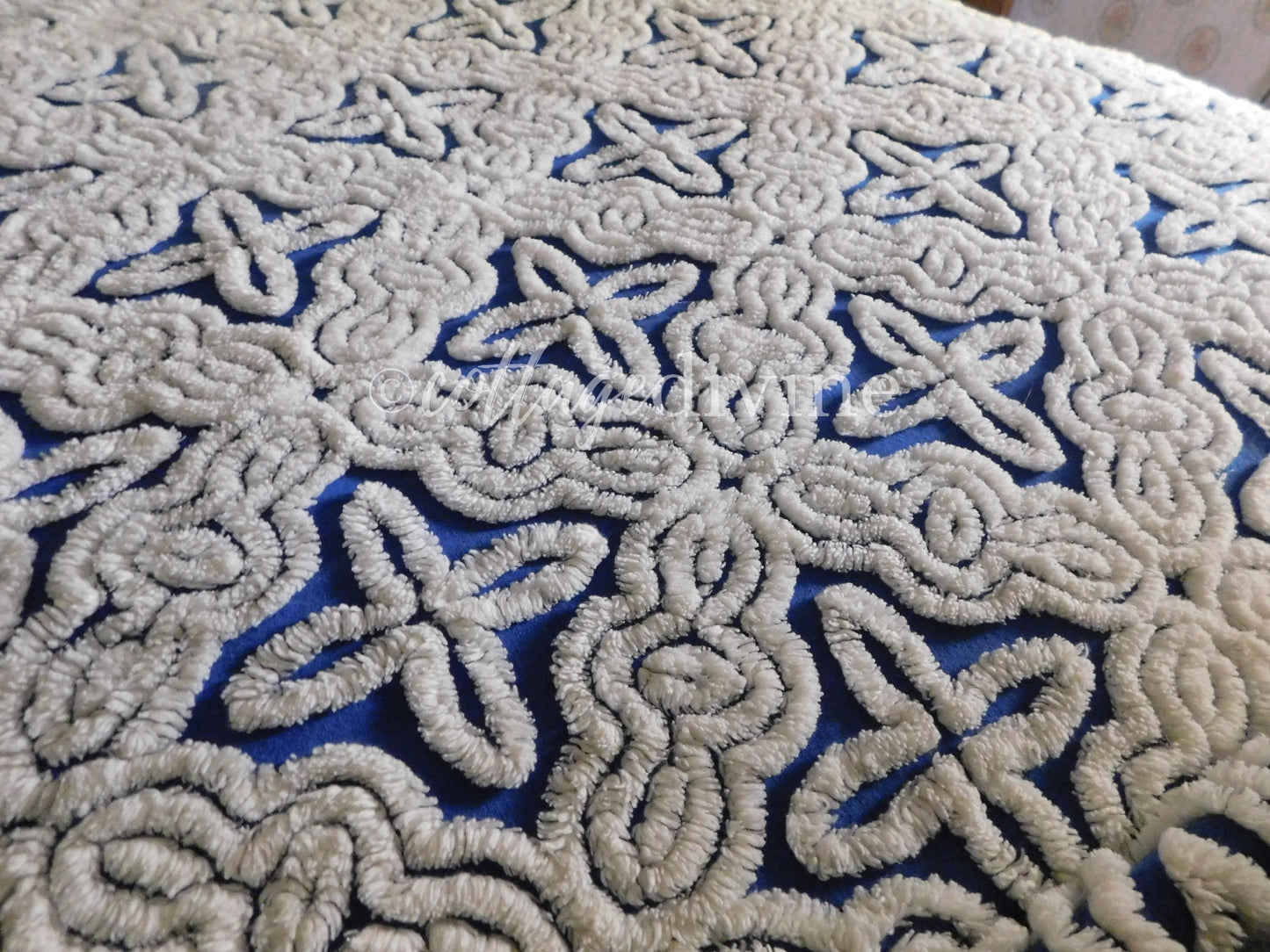 Gothic Cobalt Blue Chenille Bedspread, Hofmann Vintage Full Size Bedding, 100% cotton