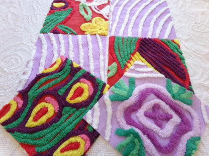 sassy 'n sweet chenille fabric squares, 7.5" vintage quilt blocks in lavender & rich red, set of 6 for sewing, crafts, quilting