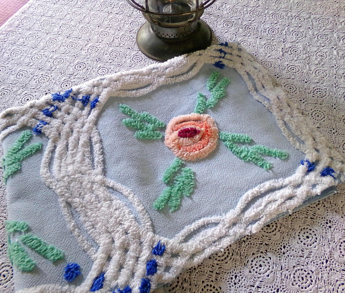 Cottage Style Blue Chenille Fabric, Pretty Pink Roses, 23" x 21" inch Piece, Great for Handmade Quilts & DIY Pillow Covers