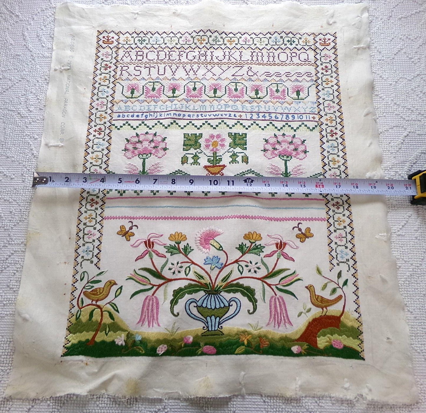 Shabby Vintage Linen Embroidery Sampler, Jacobean 1773 Cooper Hewitt Museum, 0860 Paragon Stitchery, Hand Embroidered, Completed