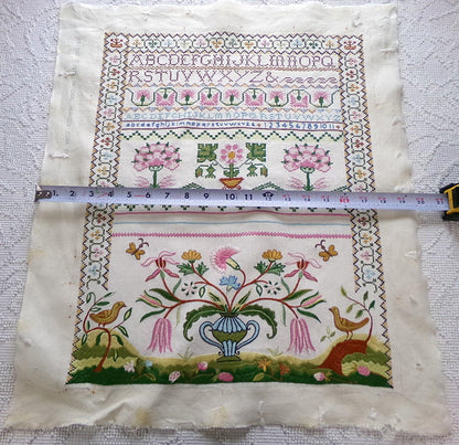 Shabby Vintage Linen Embroidery Sampler, Jacobean 1773 Cooper Hewitt Museum, 0860 Paragon Stitchery, Hand Embroidered, Completed