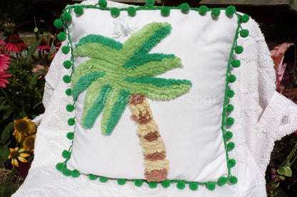 Tropical Bungalow Vintage Chenille Pillow Cover 12" x 12" inch Square, REVERSIBLE Palm Tree Design Accent Pillow & Insert with Pom Pom Trim