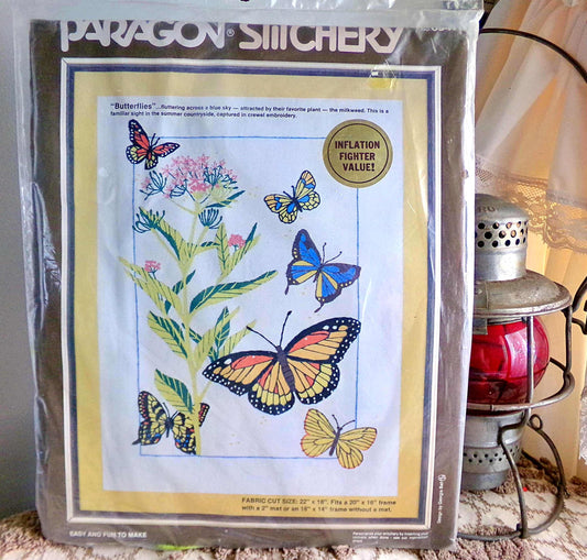 BUTTERFLIES Crewel Stitchery Kit, Vintage Paragon Needlecraft Embroidery, Natural Earthy Hippie Design, Georgia Ball, # 0947