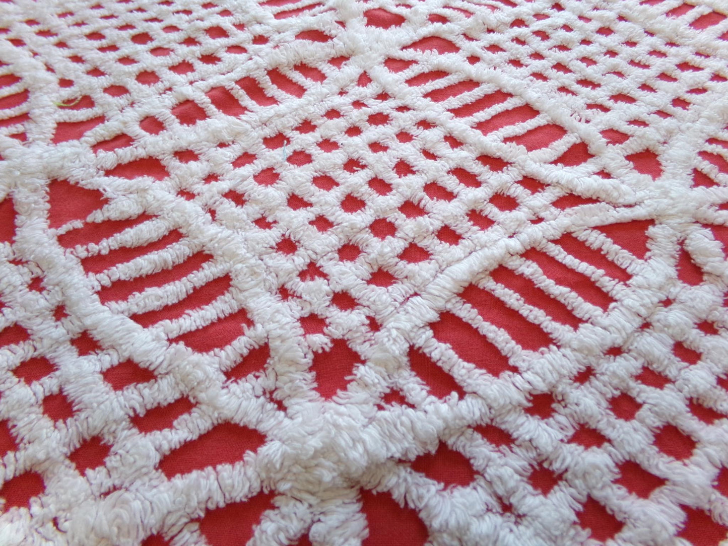 Red & White Geometric Chenille Fabric - Vintage Tufted Textured Cotton Fabric Quilting Crafts - 17" x 24" Piece of Sewing Material