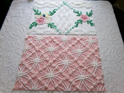 Cottage Style Vintage Chenille Fabric Bundle for Sewing, Quilting in Pink Floral, White & Green | 2 Pieces 12" x 18" each