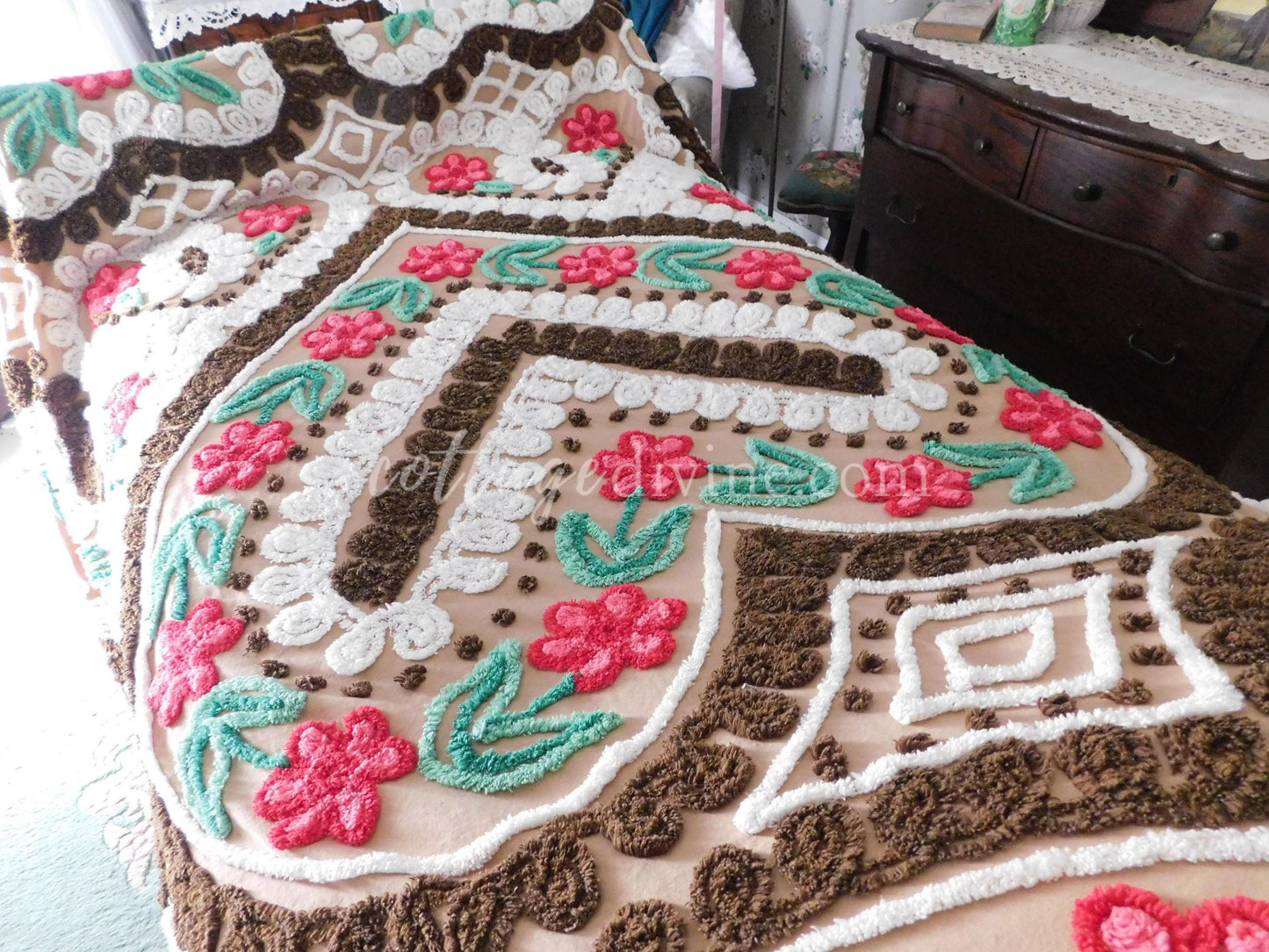 Chocolate Cherry Heart Cake Midcentury Vintage Chenille Bedspread, Cotton, Full Size