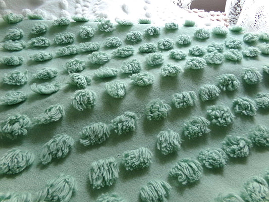 Vintage "Money Tree Green" Chenille Fabric, 20" x 25" inch Piece, Cute Puffy Dots, Great for Handmade Quilts, Crafts