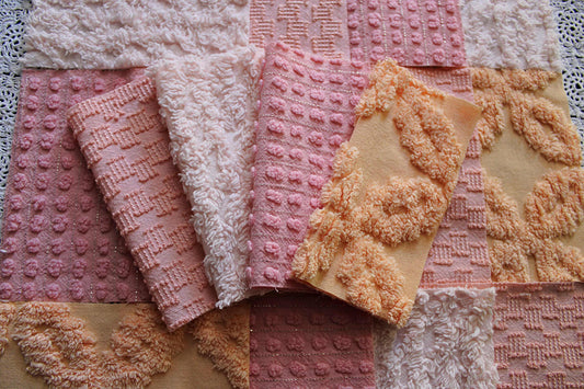peach nectar vintage chenille fabric squares, set of 16 geometric 6" quilt squares in texturized geometric designs