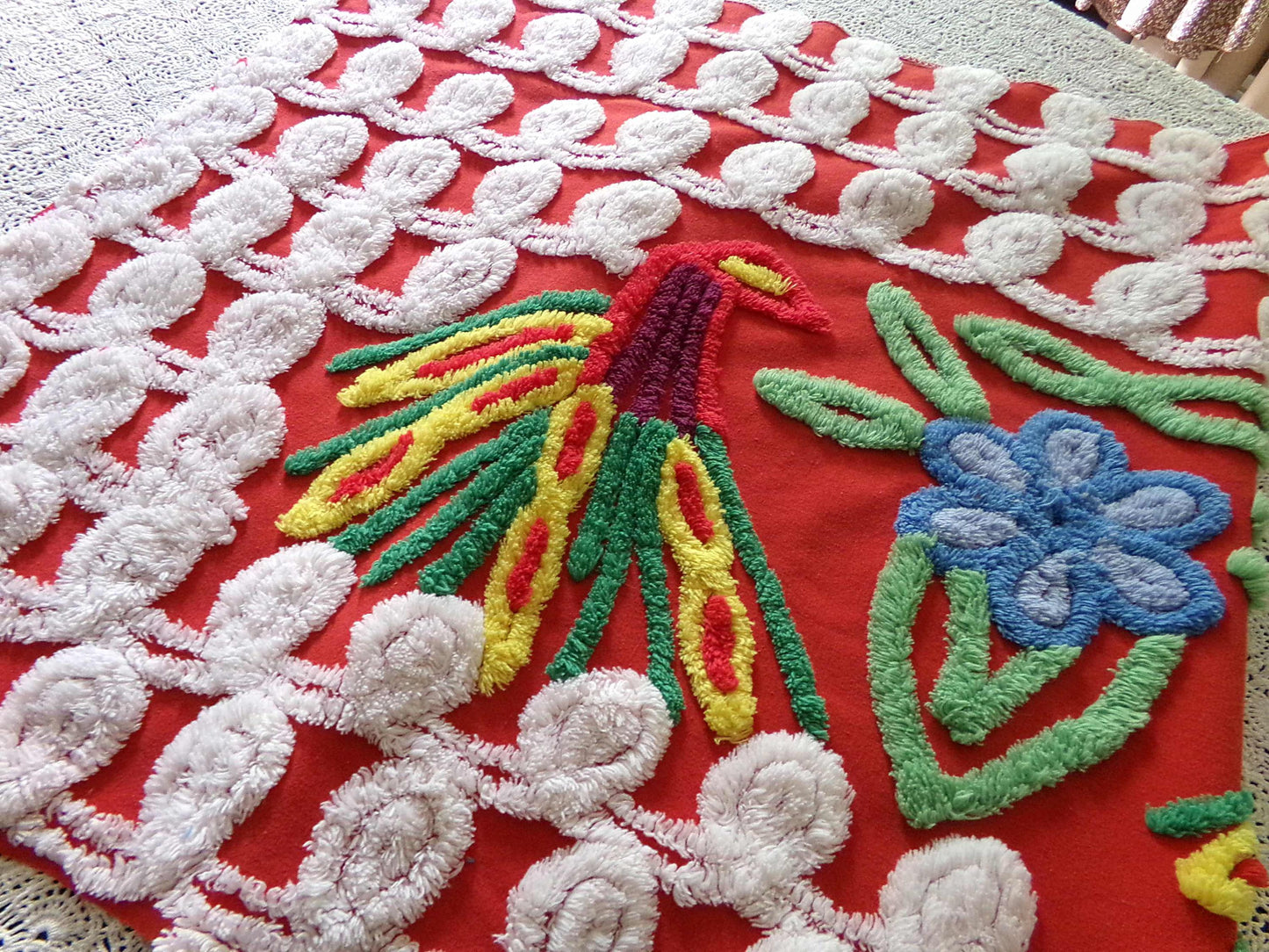 Vintage Peacock Chenille Bedspread Fabric, Pair of Lovebirds on Vivid Red & White Curlicues, 31" x 20" inch Piece, 100% Cotton