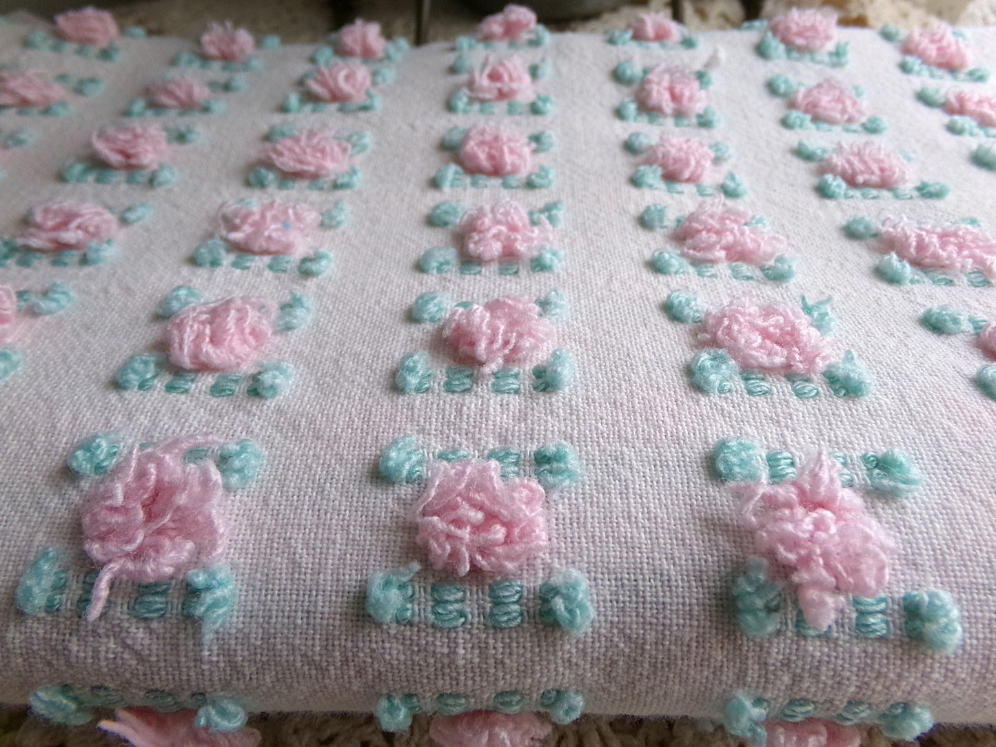 favorite pink rosebud vintage chenille fabric, cottage style sewing & quilt material, 18" x 24" inch piece