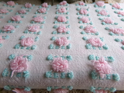 favorite pink rosebud vintage chenille fabric, cottage style sewing & quilt material, 18" x 24" inch piece