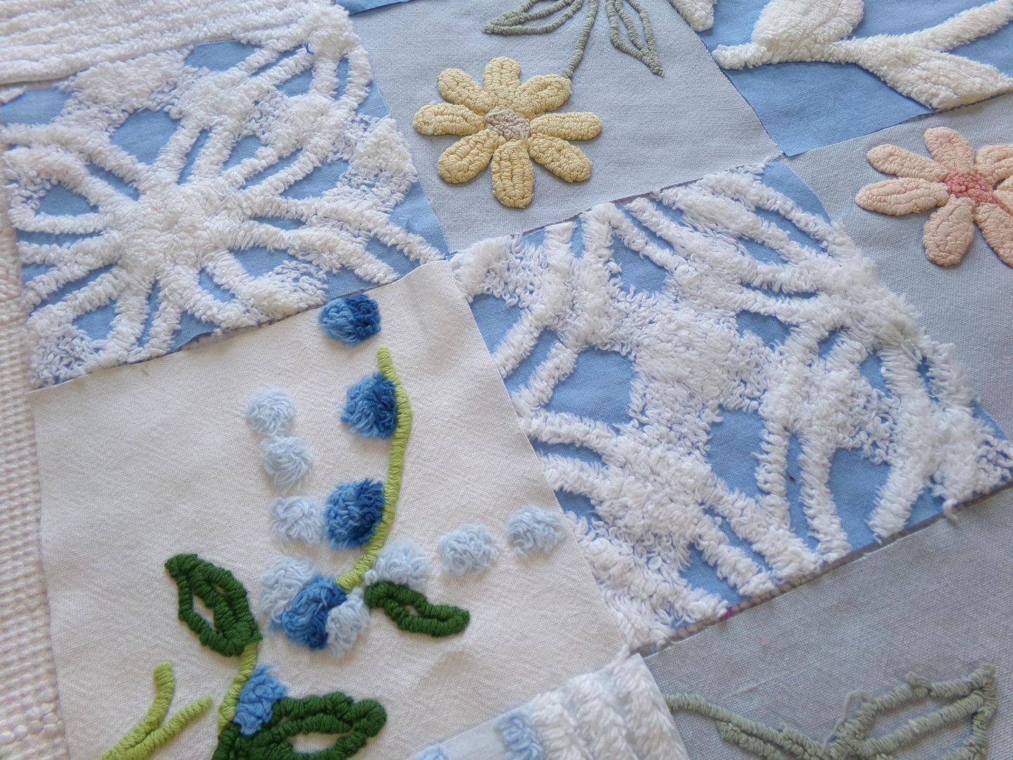 meadow skies vintage chenille fabric squares, set of 16 serene 6" quilt blocks, geometrics, daisy & lupine flowers for crafts, sewing