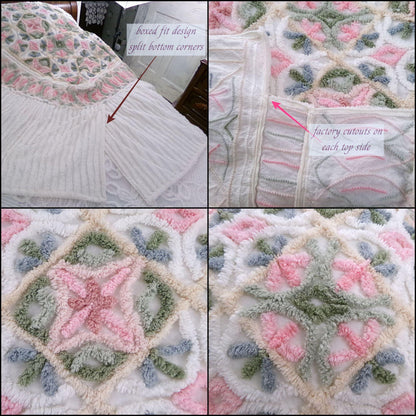 pink sea urchins twin size chenille bedspread, white cotton vintage cottage style bedding, boxed & fitted luxury design with ruffle skirt