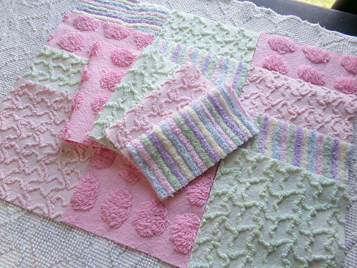 enchanted rainbow chenille fabric squares, set of 16 vintage pink & green quilt blocks 6" ea, rosebud, squiggles for crafts, quilting