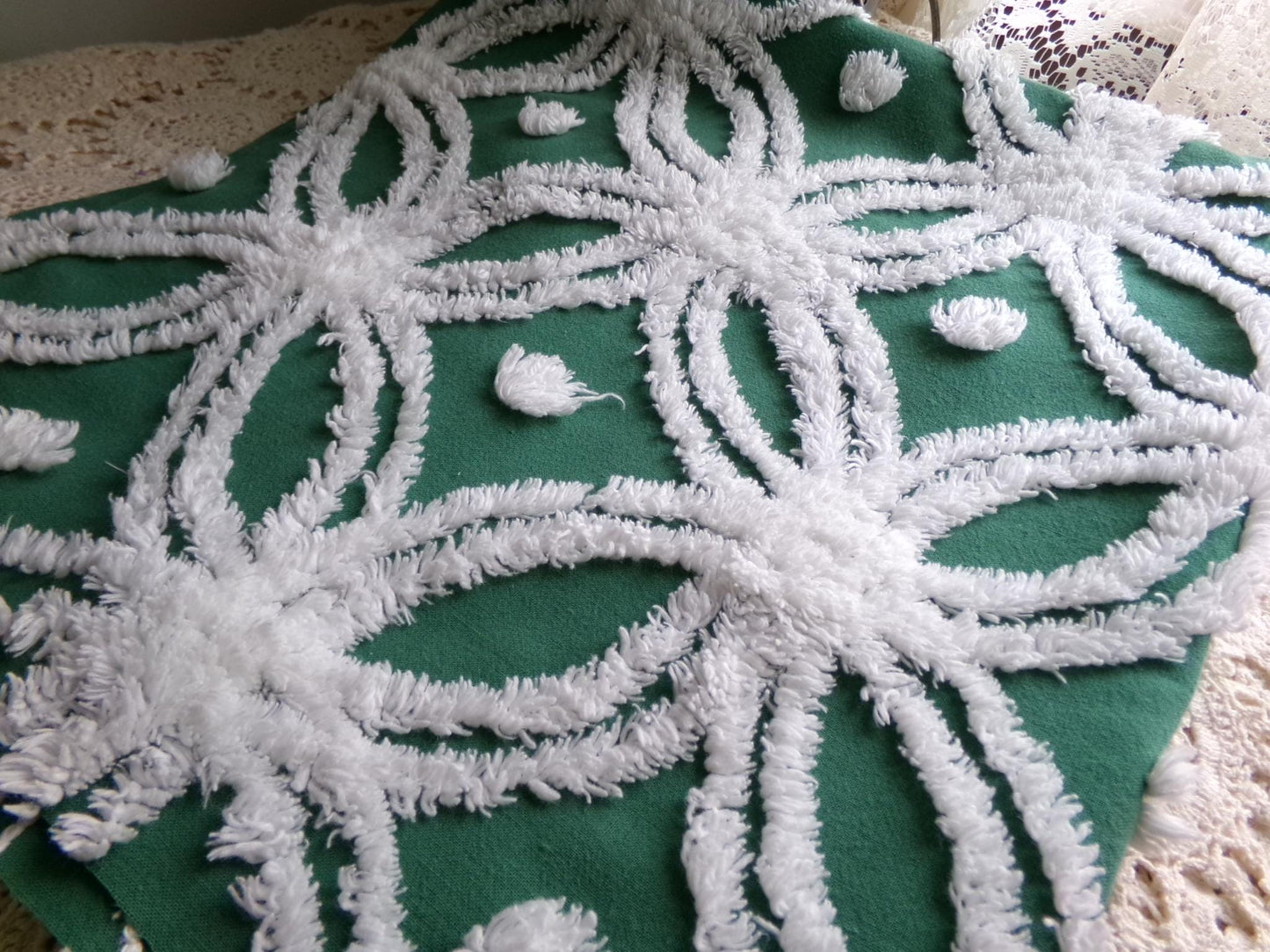 gorgeous green vintage chenille fabric, tufted white wedding rings, fluffy dots on evergreen, 20"x 27" inch piece of quilt & sewing material